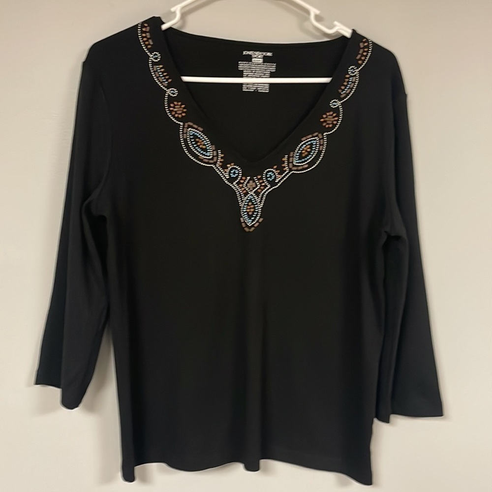 Jones New York Sport T Shirt/ top XL Black with beading LIKE NEW, long sleeve